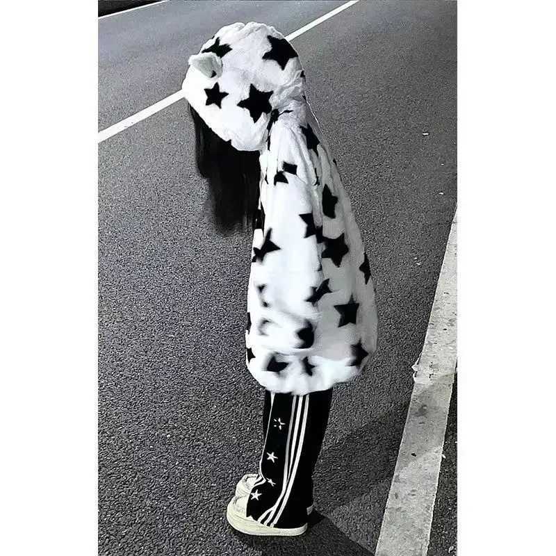 Harajuku Lamb Coat Jackets For Women New American Demon Star Print Velvet Thickened Suede Hoodies Goth Y2k Women ClothingX241018