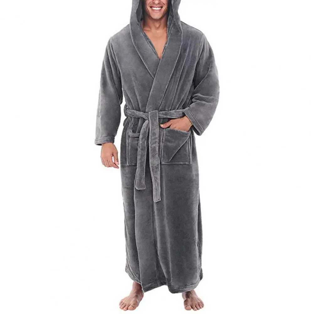 Men Bathrobe Solid Color Skin-touching Anti-freeze Men Flannel Hooded Bath Robe Pajamas for Daily LifeXJ241018