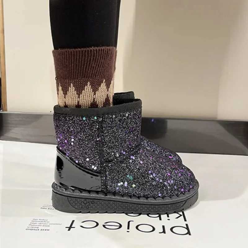 Boots Childrens snow boots 2024 winter new sequined princess ankle boots plush warm cotton shoes childrens anti slip sports shoes girls boots H241018