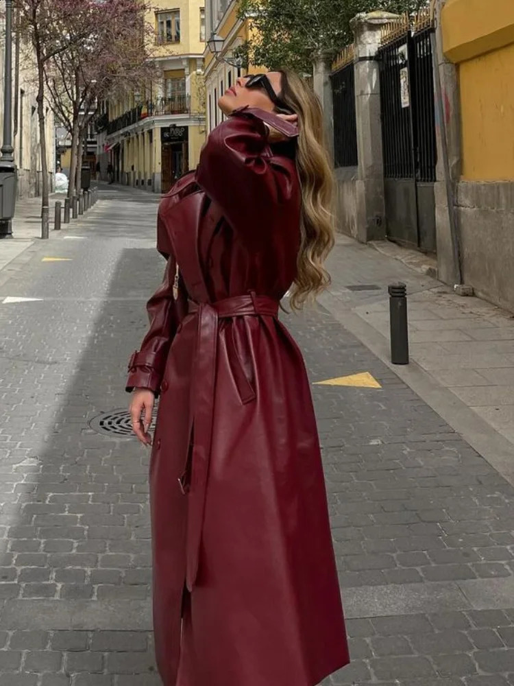 2024 Chic Burgundy Lace Up Oversized Leather Long Coats Womens Elegant Double Breasted Solid Jackets Lady Chic Outerwear 241017