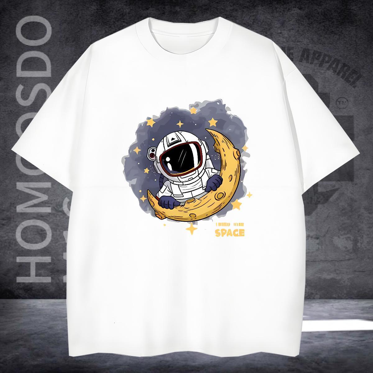 Unisex T Shirt For Man 230g Cotton spaceman Outdoor Cartoon Printing M-4XL Breathable Crew Neck Couples T Shirts Fashion Design Wear