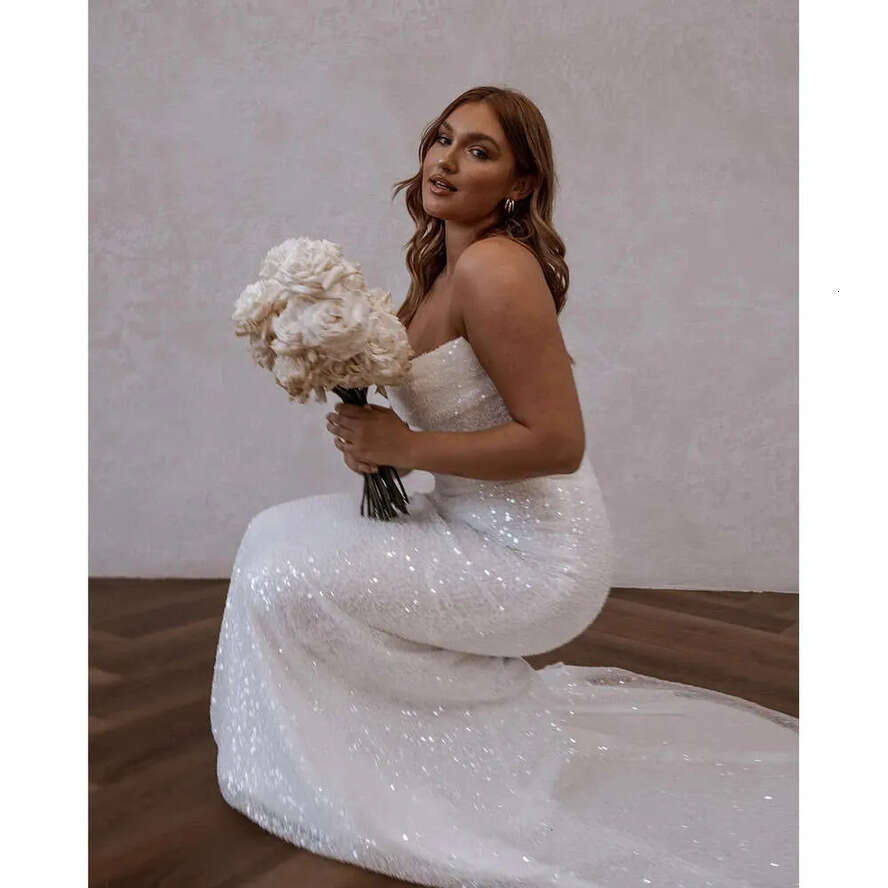 Draped Wedding Strapless Mermaid Dresses Shining Elegant Sequined Sleeveless Slim Or Length Custom Made Plus Size Vestidos De Novia