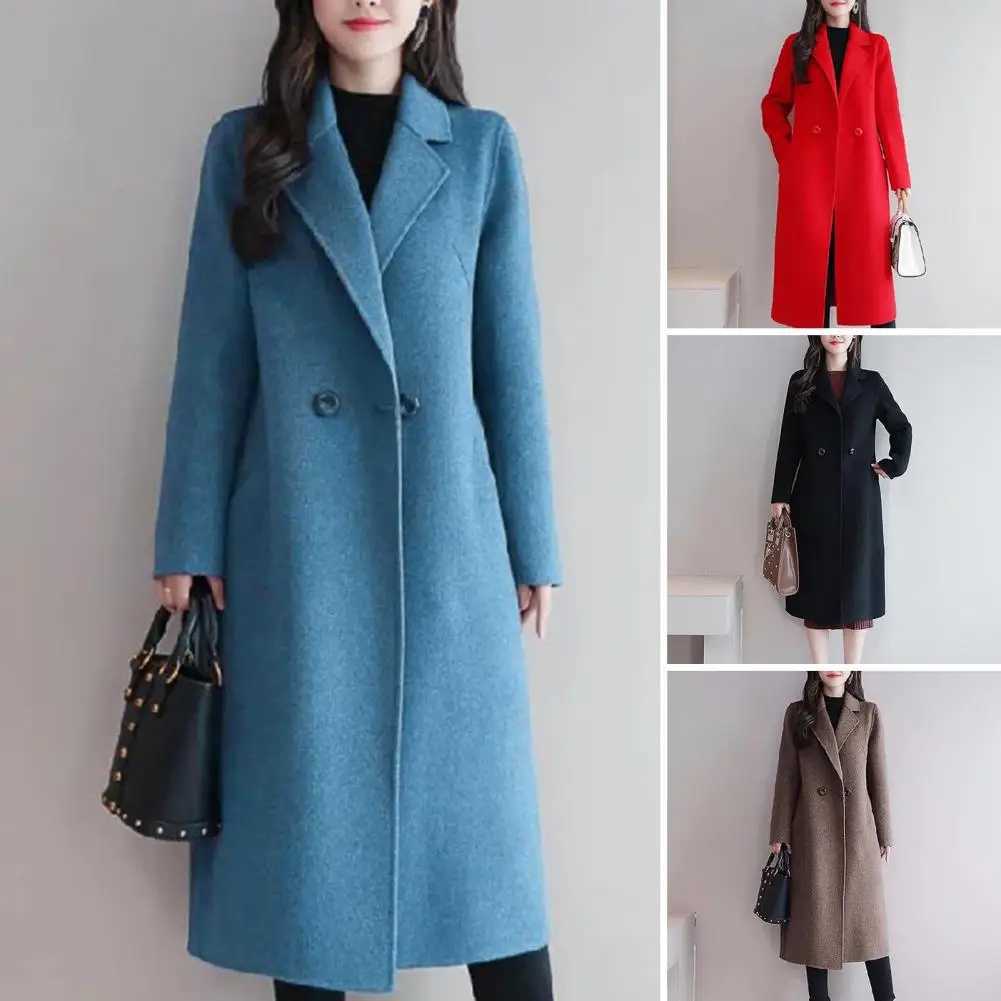 Women Woolen Coat Elegant Lapel Woolen Coat with Two Buttons Pockets for Women Stylish Mid-length Cardigan Outwear for AutumnX241009