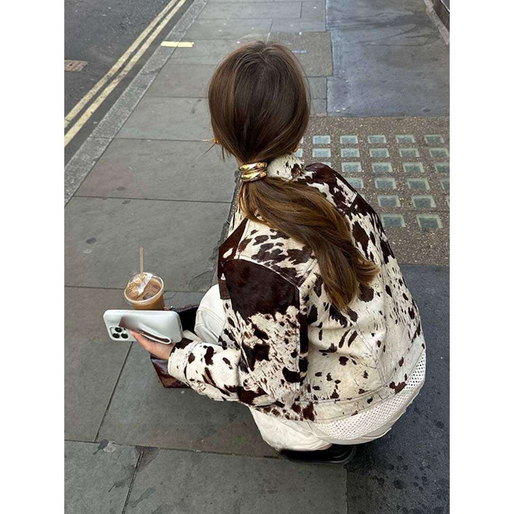 Vintage Printed Women's Snap Buttons Leather Jacket Fashion Lapel Long Sleeve Flap Pockets Short Coat 2024 Chic Lady Outerwear