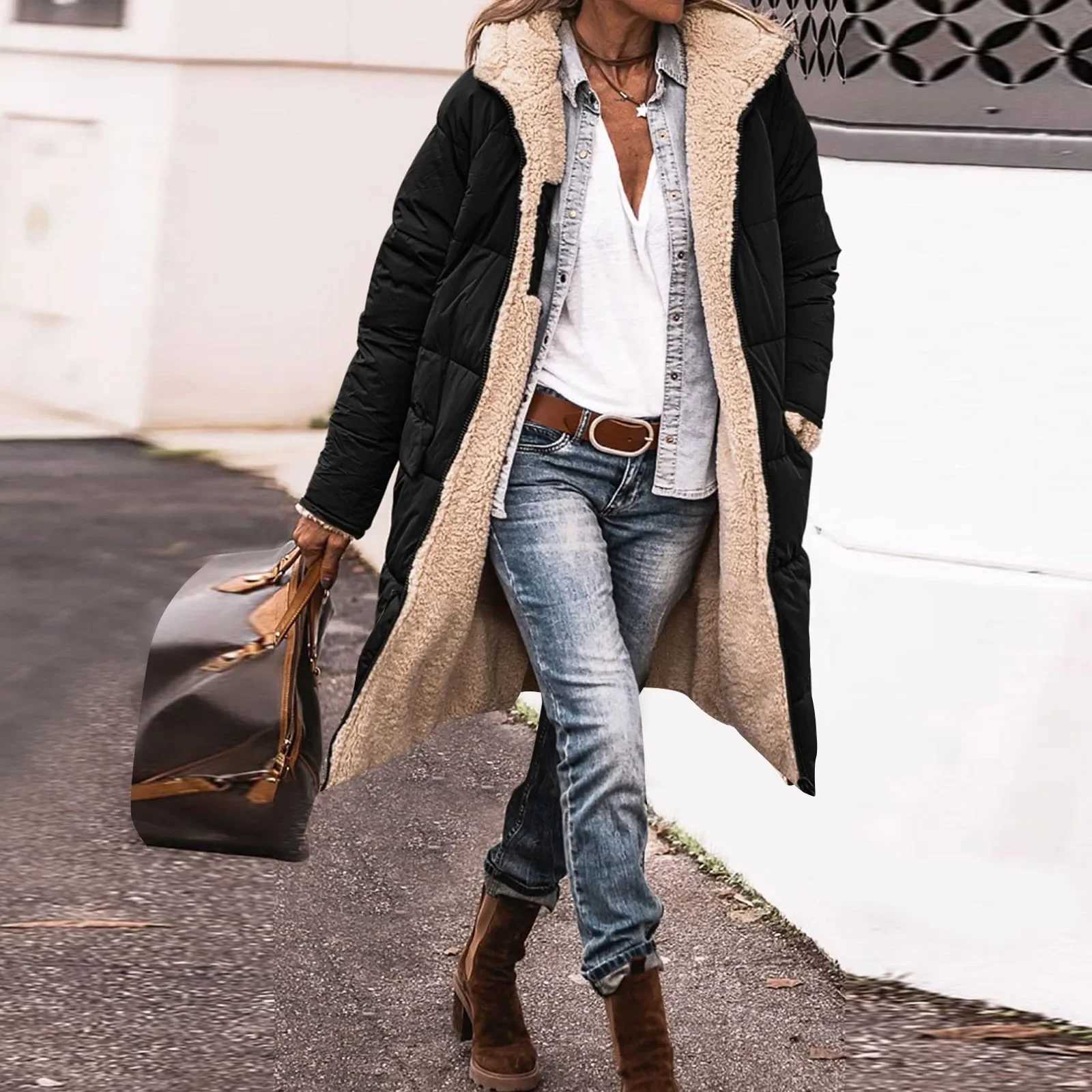 Womens Loose Solid Color Plush Long Parkas 2023 New Winter Parkas Coat Womens Casual Long Sleeve Hooded Pocket Zipper CoatX241018