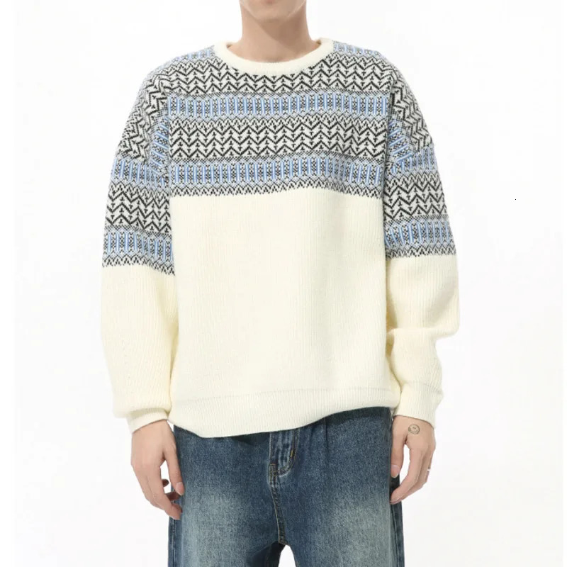 Mens Autumn Collection Korean Color Contrast Splicing Retro Round Neck Gentle Temperament Knitted Loose Sweater Hoodie 241018