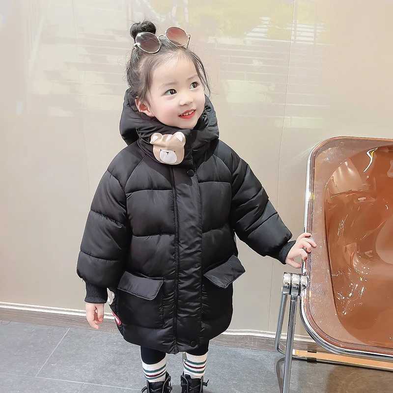 Winter Womens Jacket Long Cartoon Bear Print Thick Hoodie Suitable for 2-6Y Womens Down Jackets M241018