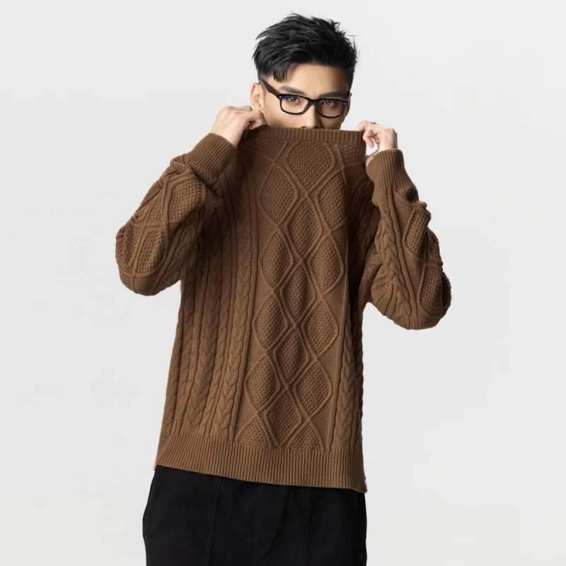 American retro knit sweater men loose round neck twisted casual tops lazy wind versatile Large size 241018