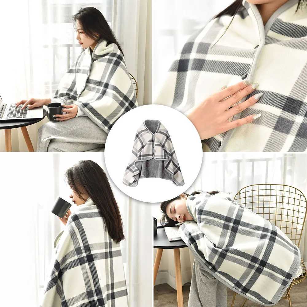 Wearable flat patterned blanket wool double-layer blanket with buttons thick multifunctional warm throw blanket in winter used for sofa bed X241018