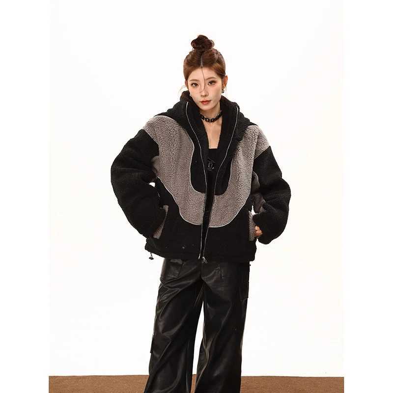 Autumn Winter Lamb Wool Jacket Women Fashion Thickened Padded Hooded Outwear Loose Casual Zipper Long Sleeve Female CoatsX241018