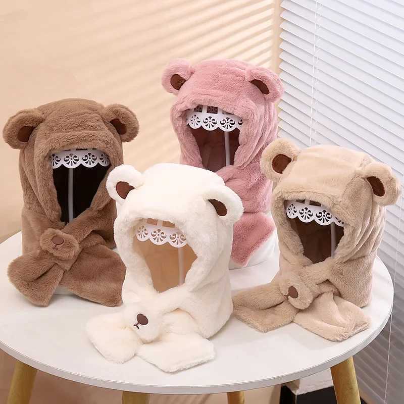 Winter Baby Hat Scarf One-Piece Faux Fur Kids Hats Bear Warm Neck Ear Cap for Boys Girls Windproof Beanies Infant Stuffs LX241018