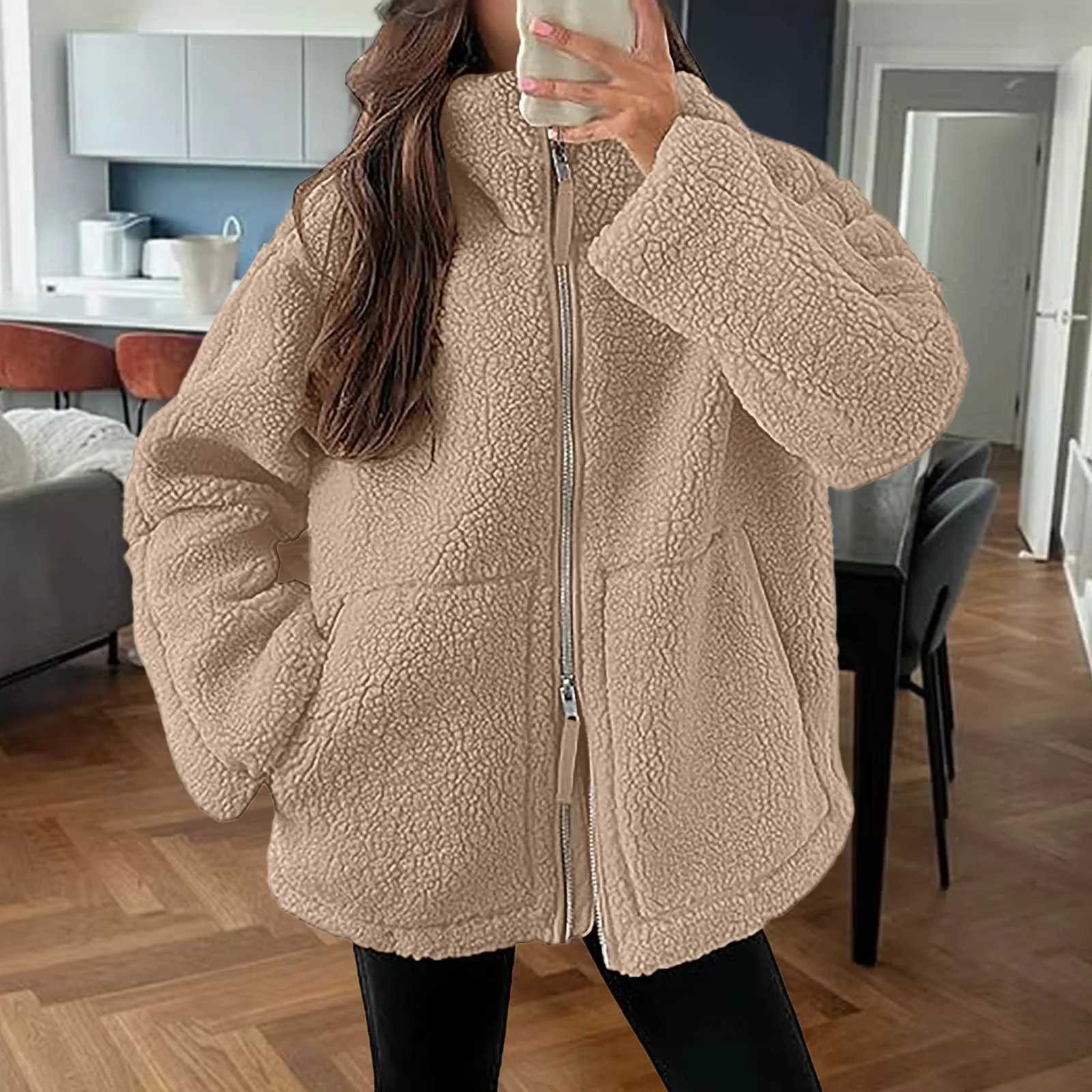 Autumn Winter Warm Women Jackets Long Sleeve Zipper Lamb Wool Coat Stand Collar Casual Pocket Elegant Solid Lady Plush OutwearX241018
