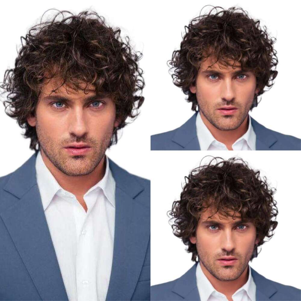 TEMU Men's Fluffy Dark Brown Wig Bangs Upturned Short Curly Hair