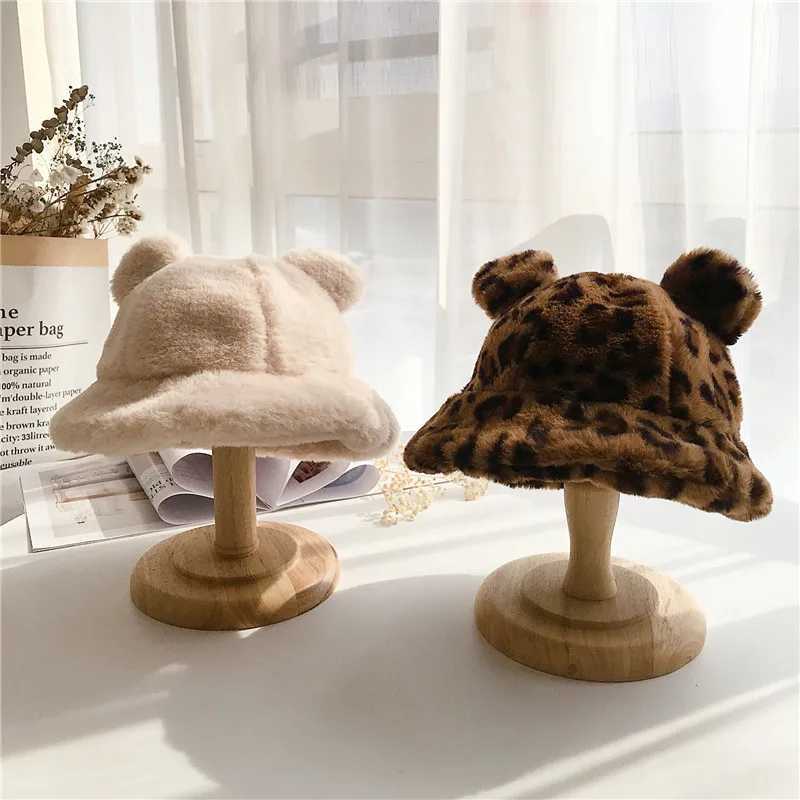 Korean Winter Baby Plush Bucket Hat Solid Faux Fur Warm Kids Fisherman Cap Cute Leopard Print Warm Toddler Panama Bonnet LX241018