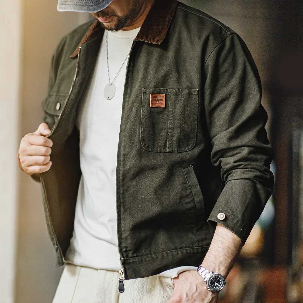 Maden Retro Heavyweight Canvas Detroit Jacket Corduroy Collar Hunting Short Zip-Up Jacket with Pockets Mens Autumn Outerwear LX241018