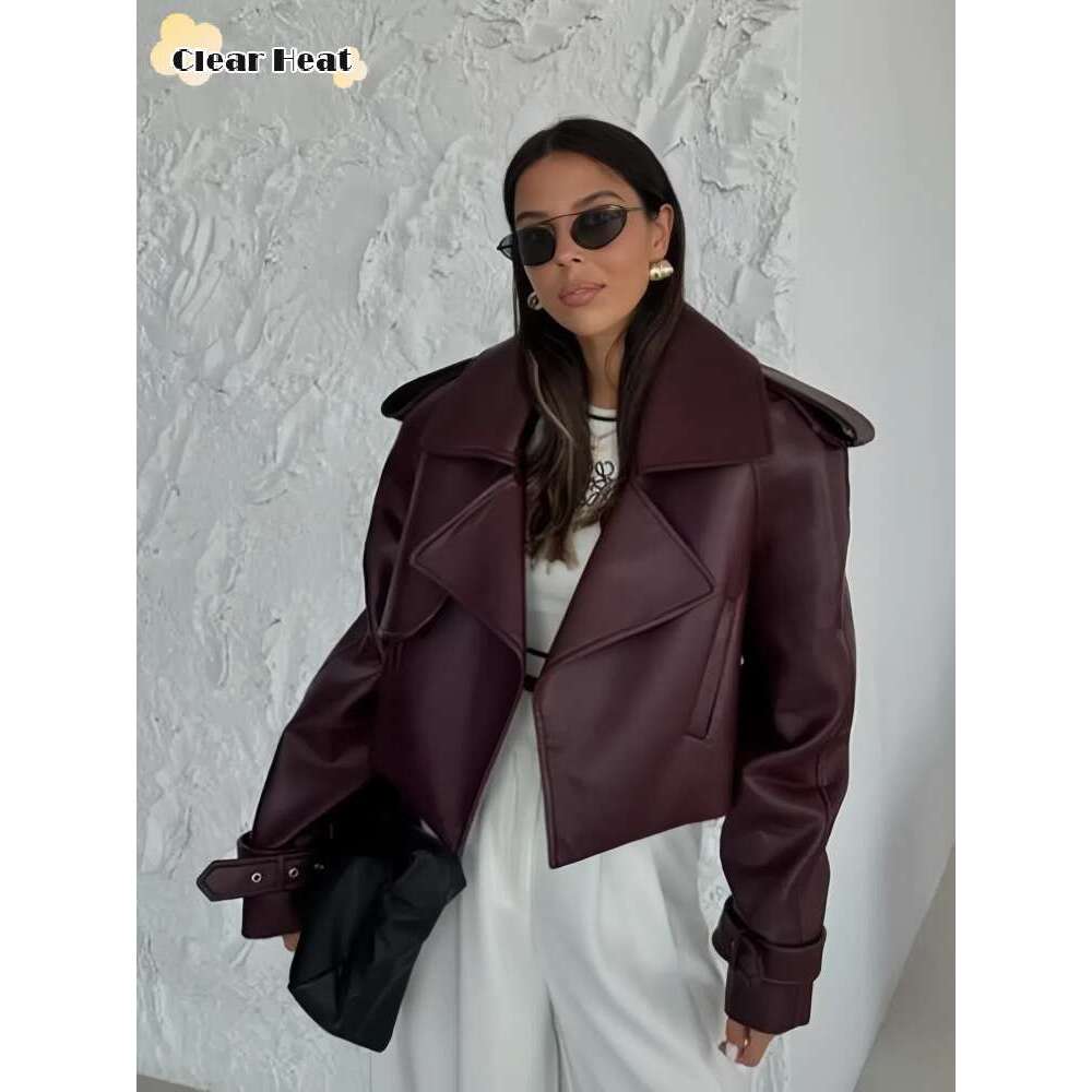 Women Bury Leather Turndown Collar Jacket Fashion Female Solid Casual Long Sleeves Jackets 2024 Autumn Lady Street Overcoat