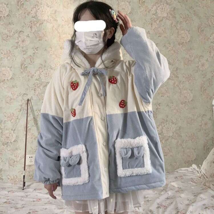 Japanese Sweet Corduroy Parkas Jacket Women Kawaii Y2k Strawberry Embroidery Hooded Outwear Female Autumn Winter Plush Warm Coat