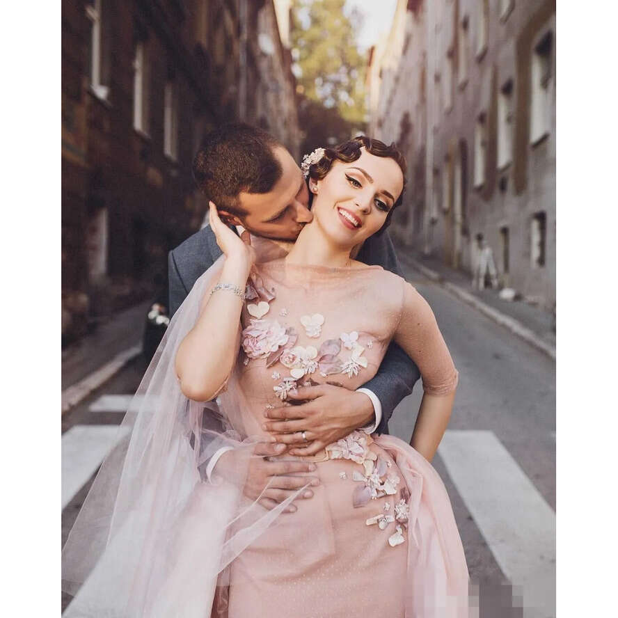 Dresses Vintage Pink Blush With Long Sleeves Bateau D Ral Applique Embroidery Detachable Train Tulle Wedding Bridal Gown etachable