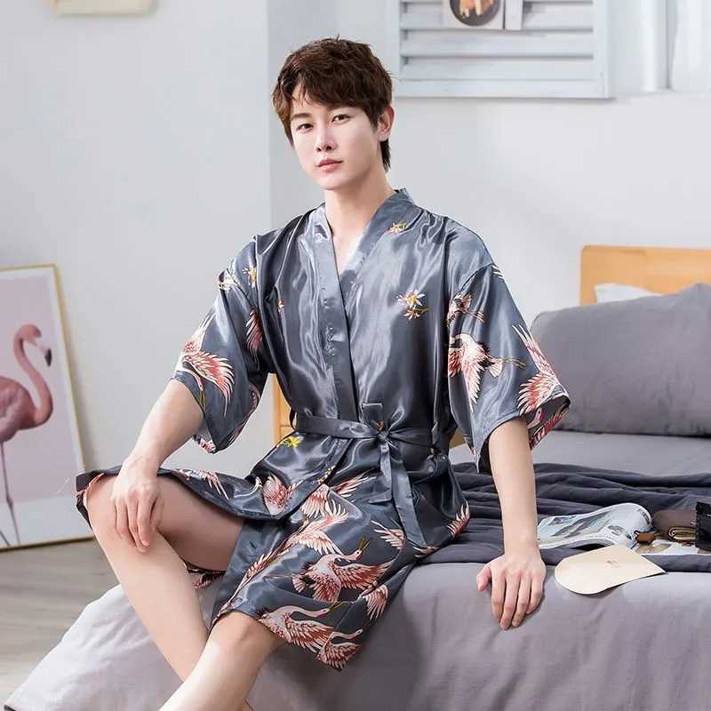 Men Satin Kimono Robe Set Nightwear Half Sleeve Print Crane Sleepwear Home Dressing Gown Loungewear Nightgown BathrobeXJ241018