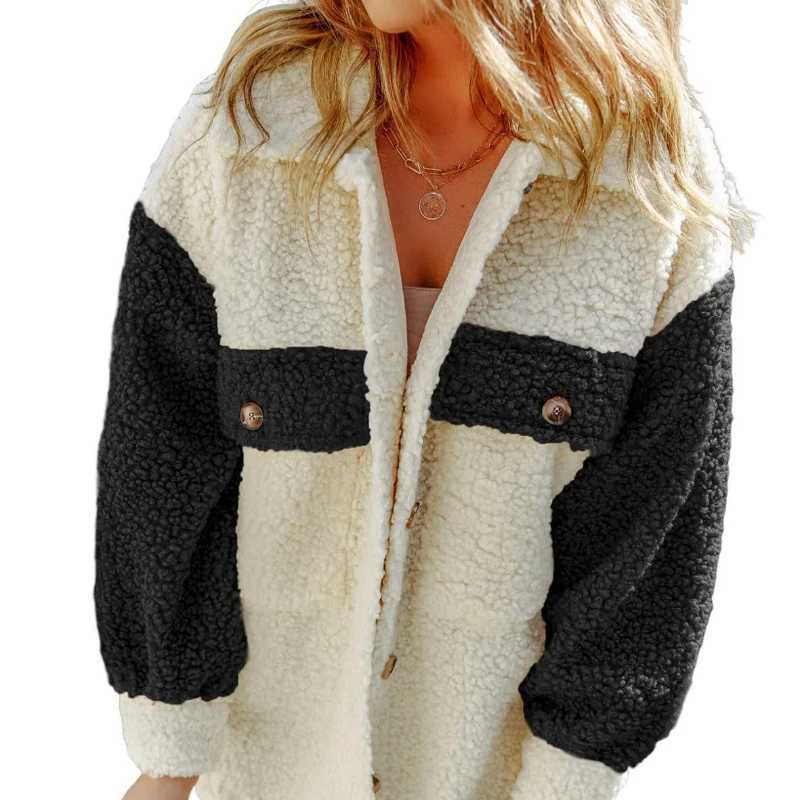 Autumn Winter Fashion Turn-down Collar Long Sleeve Patchwork Color Blocking Lamb Wool Coats Womens Clothing Casual Button TopsX241018