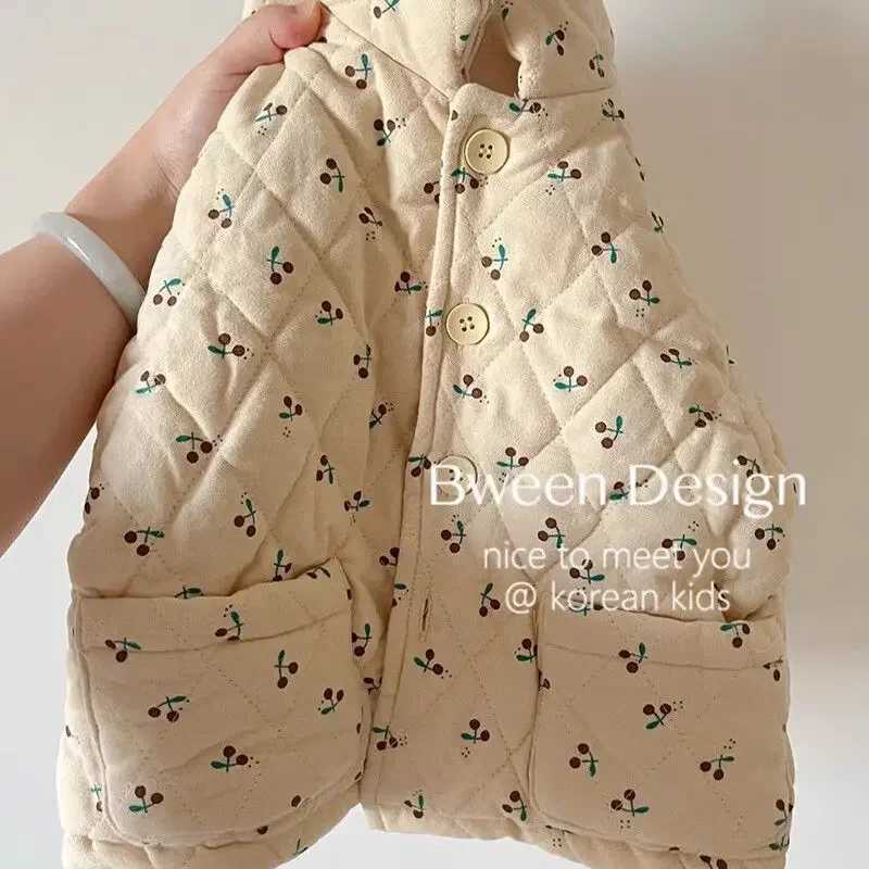 Autumn/Winter New Girl Baby Fashion Comfortable Cherry Printed Round Neck Thin Cotton Coat M241018