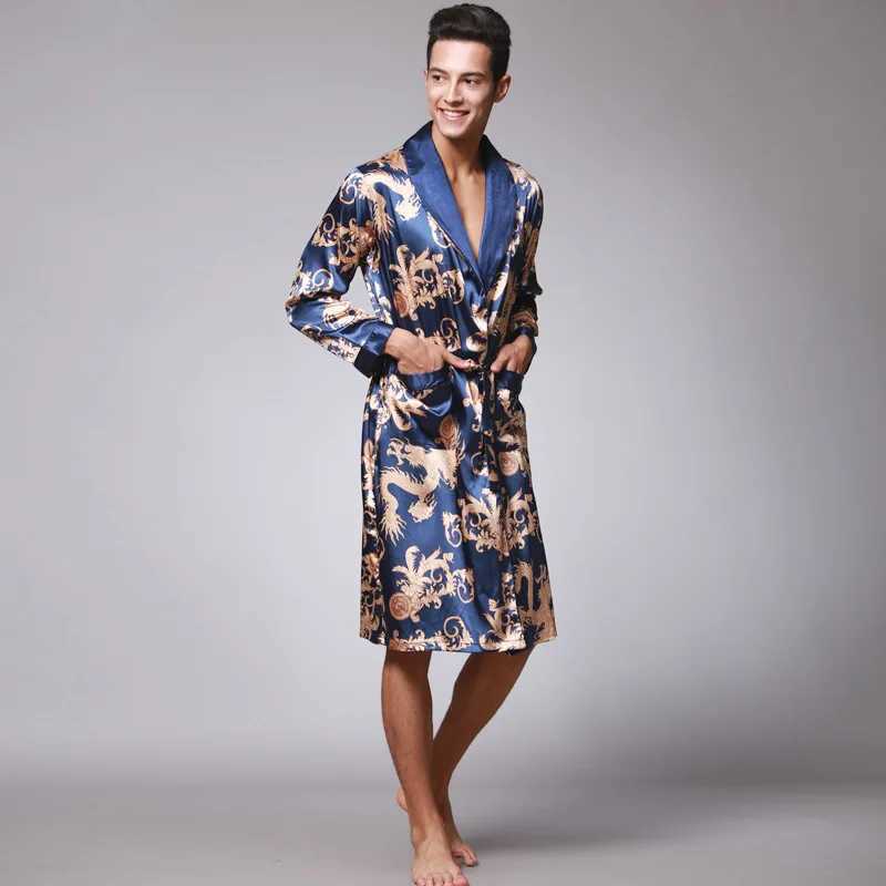 Men Sleepwear Shower Robe Bathrobe Man Pajama with Belt Imitation Silk Printing Bathrobe Satin Pijama Hombre Pyjama LoungewearXJ241018