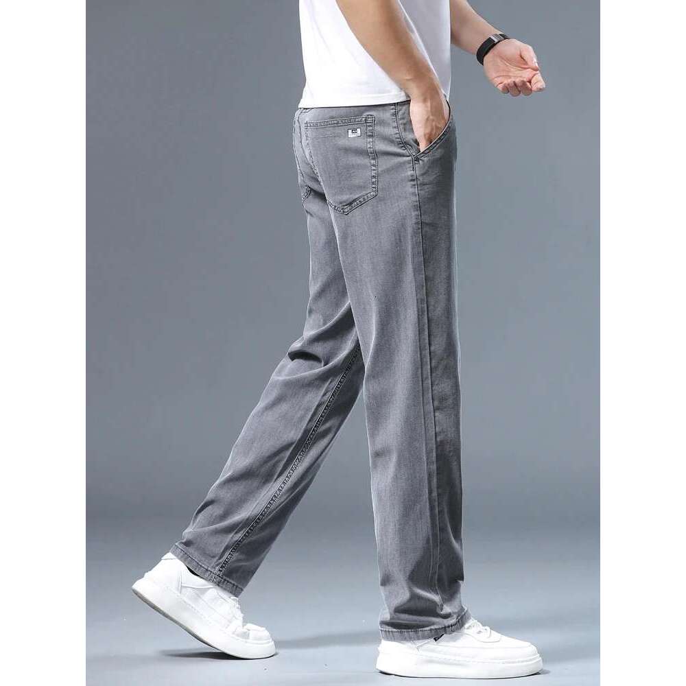 Summer Men's Lyocell Baggy Jeans Thin Soft Drape Business Casual Trousers Classic Gray Brand Straight Ice Silk Pants