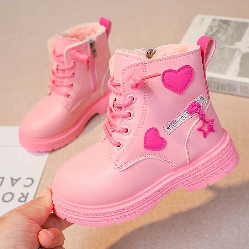Boots Black/Girls Leather Boots Velvet Non Slip Low Cut Side Zipper Winter Outdoor Girls Fashion Single Boots H241018