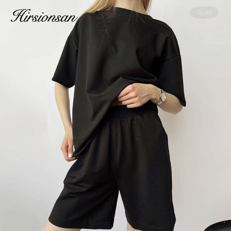 Hirsionsan Loose Soft Sets Women 2023 New Casual Two Pieces Short Sleeve T Shirts And High Waist Shorts Solid Outfits Tracuit