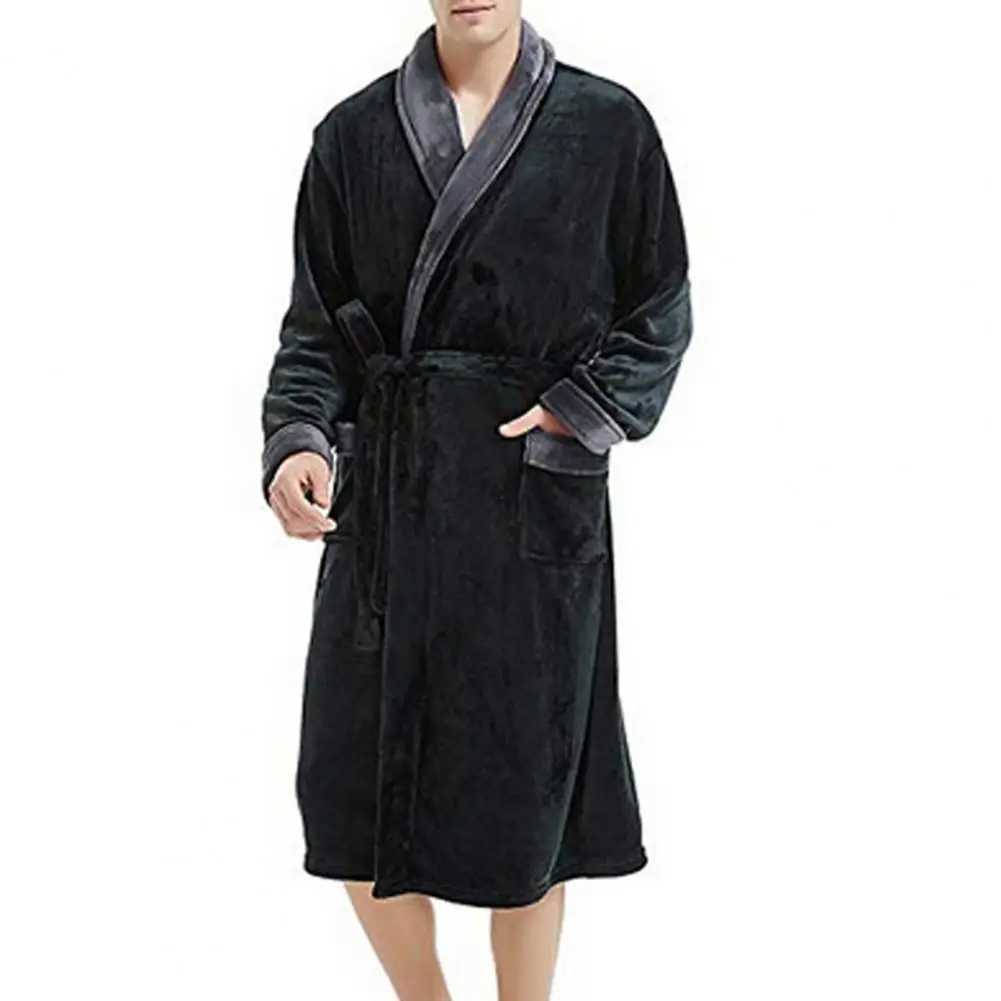 Men Winter Nightgown Thick Plush Coral Fleece Bathrobe Water Absorption Long Sleeve Tie Waist Pockets Homewear Sleepwear RobeXJ241018
