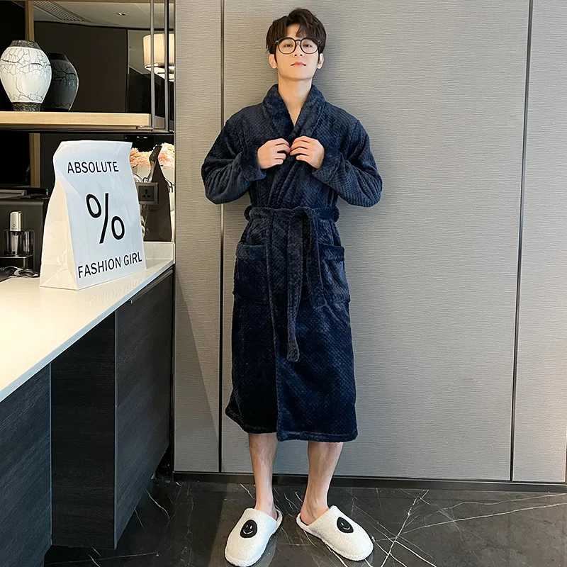 Men Robe Kimono Solid Color Flannel Winter Sleepdress Night Dress Long Sleeves Cardigan Bathrobe Home Dress Loose Home ClothesXJ241018
