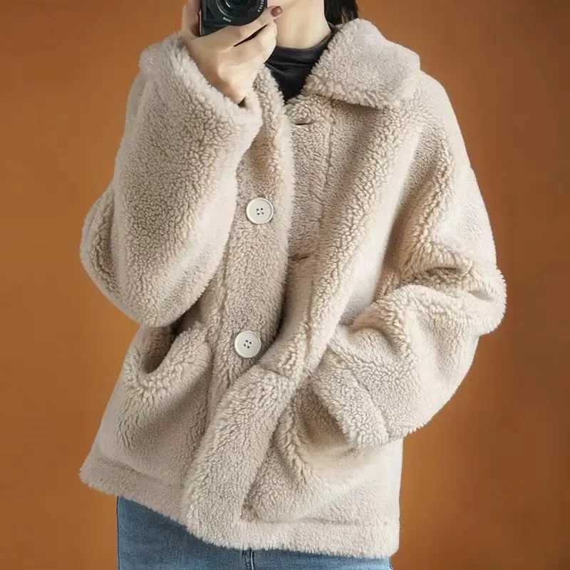 Lamb Wool Jacket Womens Outwear Autumn Winter New Sheep Scissors Fur One-Piece Short Granular Lamb Fleece Coat Loose Warm JackeX241018