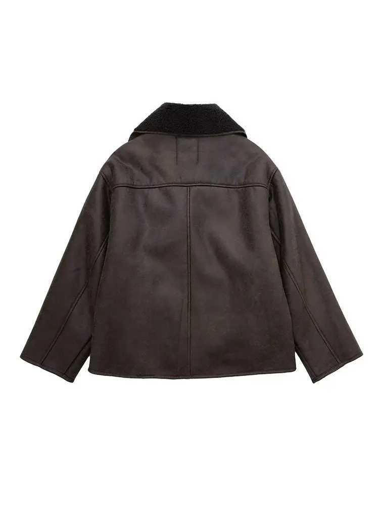 TRAF 2023 Winter Womens New Vintage Thick Lapel Faux Leather Lambswool Jacket Single Breasted Pocket Street Warm Coats OutwearX241018