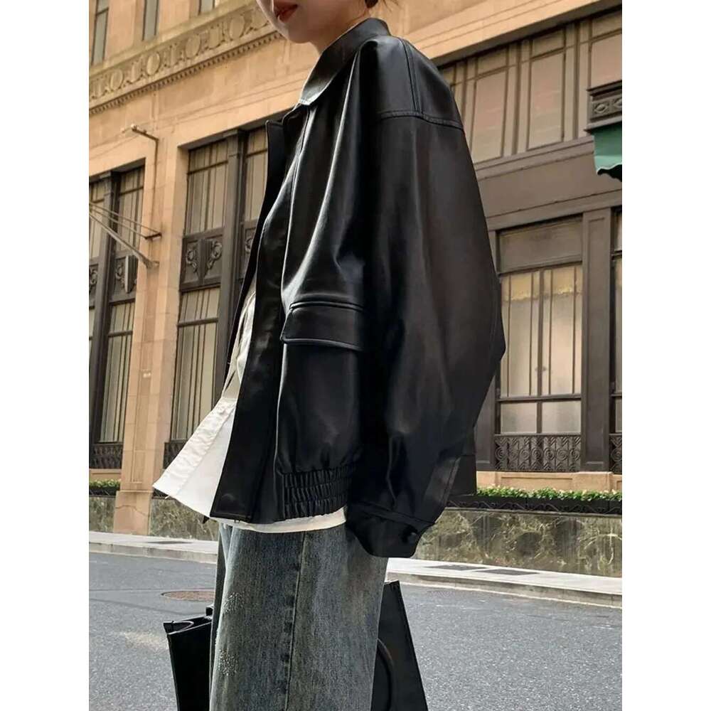 Motorcycle Vintage PU Leather Jacket Women High Street Oversize Moto Biker Coats Punk Loose Casual Cropped Outerwear
