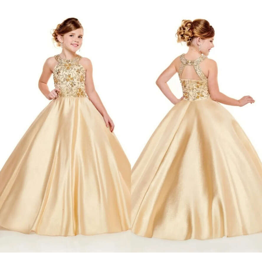 2020 Pageant Newest Girls Dresses Halter Neck A E Gold Beads Crystals Top Long Toddler Kids Formal Party Prom Gowns Wer Girl Wear