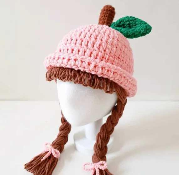 Cute Apple Shape Baby Girl Bucket Hat Hair Pigtail Braid Wig Cap Winter Warm Knitted Children Kids Girls Hats Caps Accessories LX241018