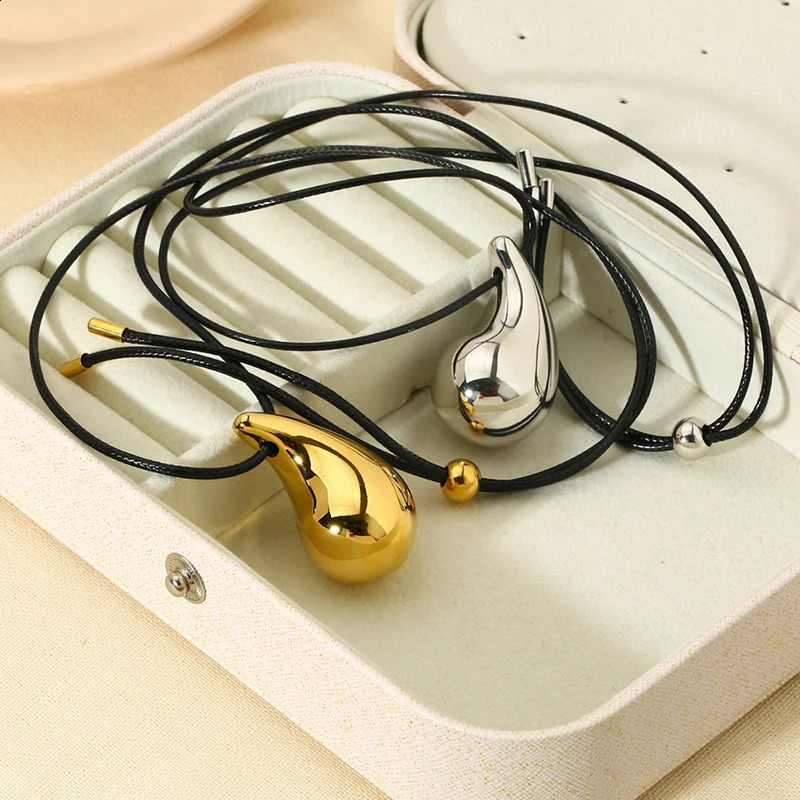 Fashionable gold-plated stainless steel thick water droplet pendant necklace suitable for women black rope geotextile necklace gift 241018