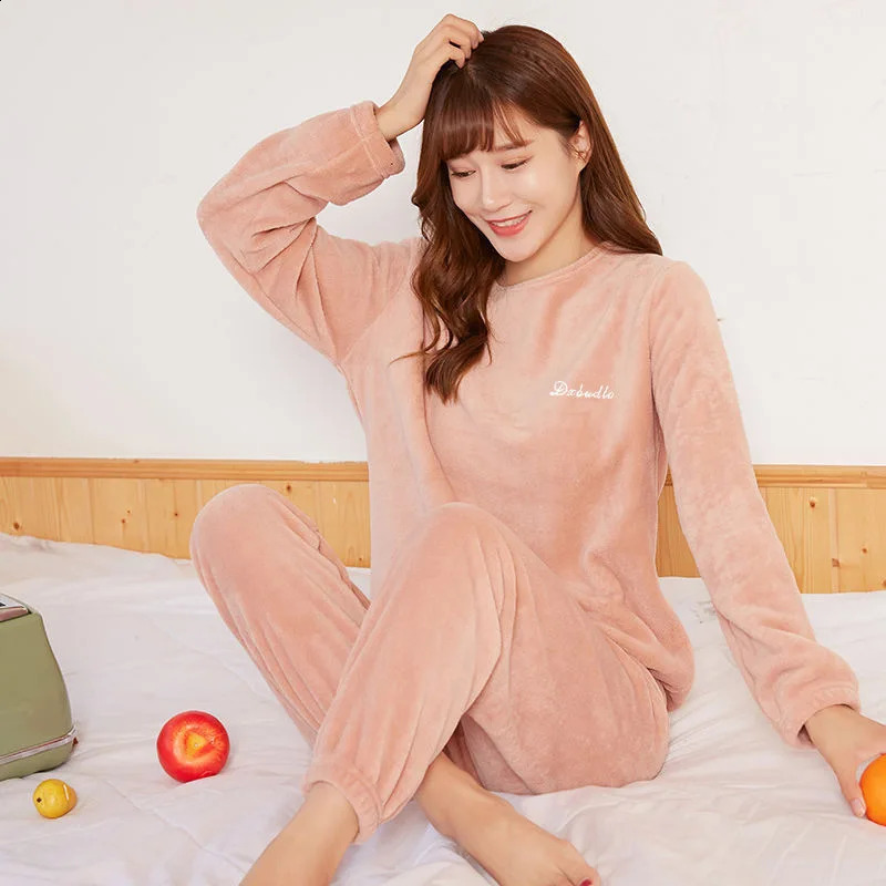 autumn and winter sleepwear warm coral fleece womens comfortable loose suit top of the line home wear long sleeved Lax 2-piece solid color warm sleepw