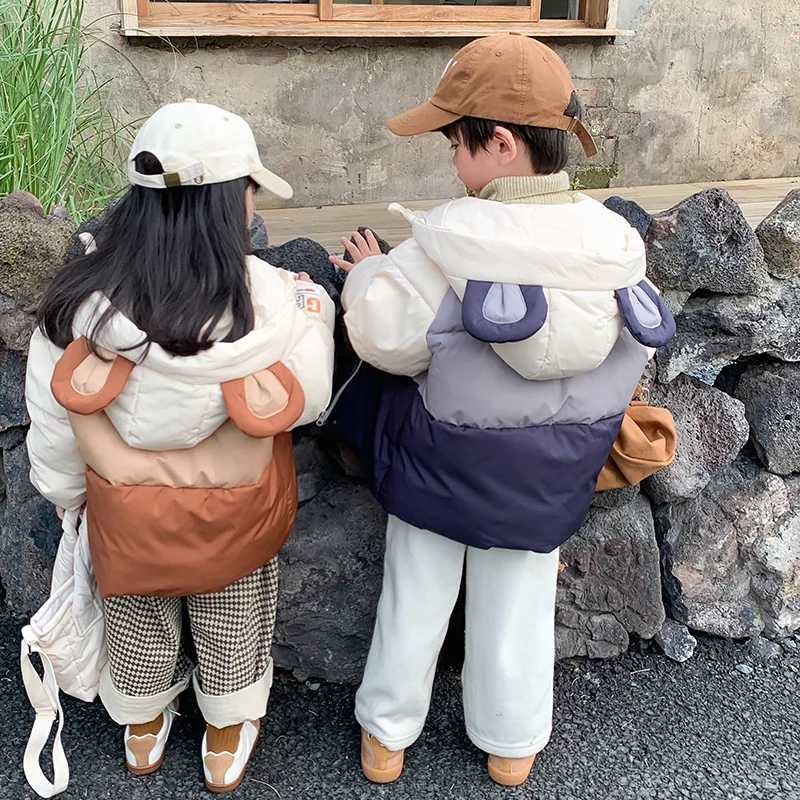 Boys and girls winter jacket new fashion thick patchwork childrens coat big ears hooded childrens cotton padded jacket M241018