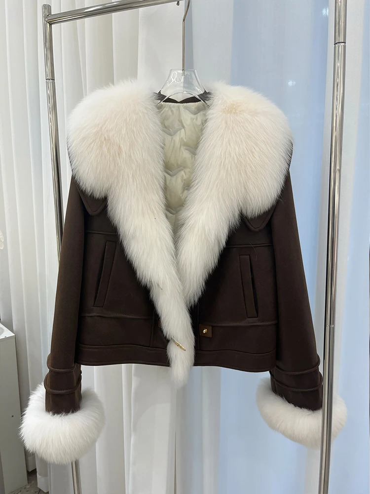 Womens Short Puffer Jacket Coats Winter Goose Down Natural Fox Fur Collar Thick Outerwear 241018