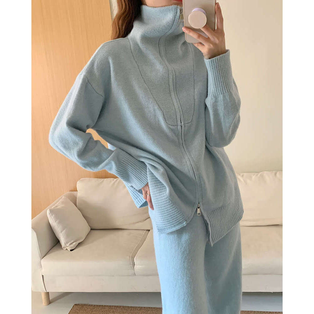 Hirsionsan Loose Thick Women Suits 2 Pieces Female Sets Zip Cardigan Sweater & Wide Leg Pants Soft Knitted Track Suit 2023