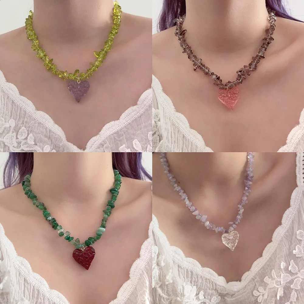 Irregular colored natural stone bead heart-shaped necklace necklace chain accessories 241018