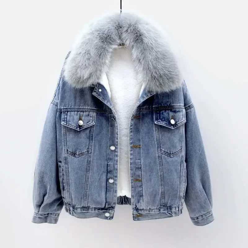 Womens Thickened Warm Lamb Wool Top Denim Jacket Hooded Loose-fit Fleece Lining For winterX241018