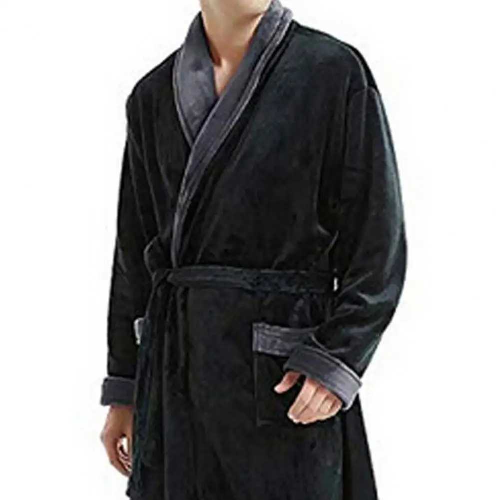 Men Winter Nightgown Thick Plush Coral Fleece Bathrobe Water Absorption Long Sleeve Tie Waist Pockets Homewear Sleepwear RobeXJ241018