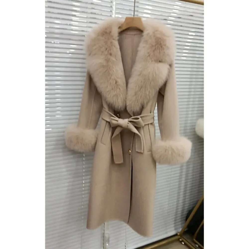 New Long Wool Cashmere Blended Coat Women 2024 Double Breasted Belt Outerwear Cuff Real Fox Fur Collar Fashion Winter Jacket