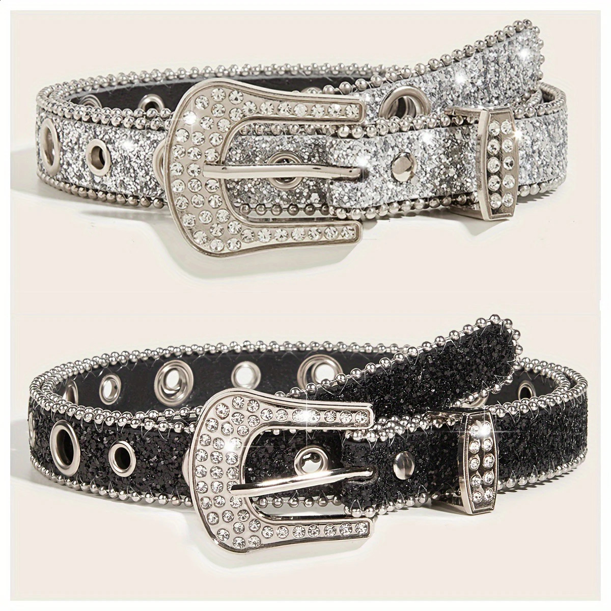 Shiny rhinestone strap womens PU strap Western denim girl denim fashion strap mens hip-hop punk rock Y2K style 241018