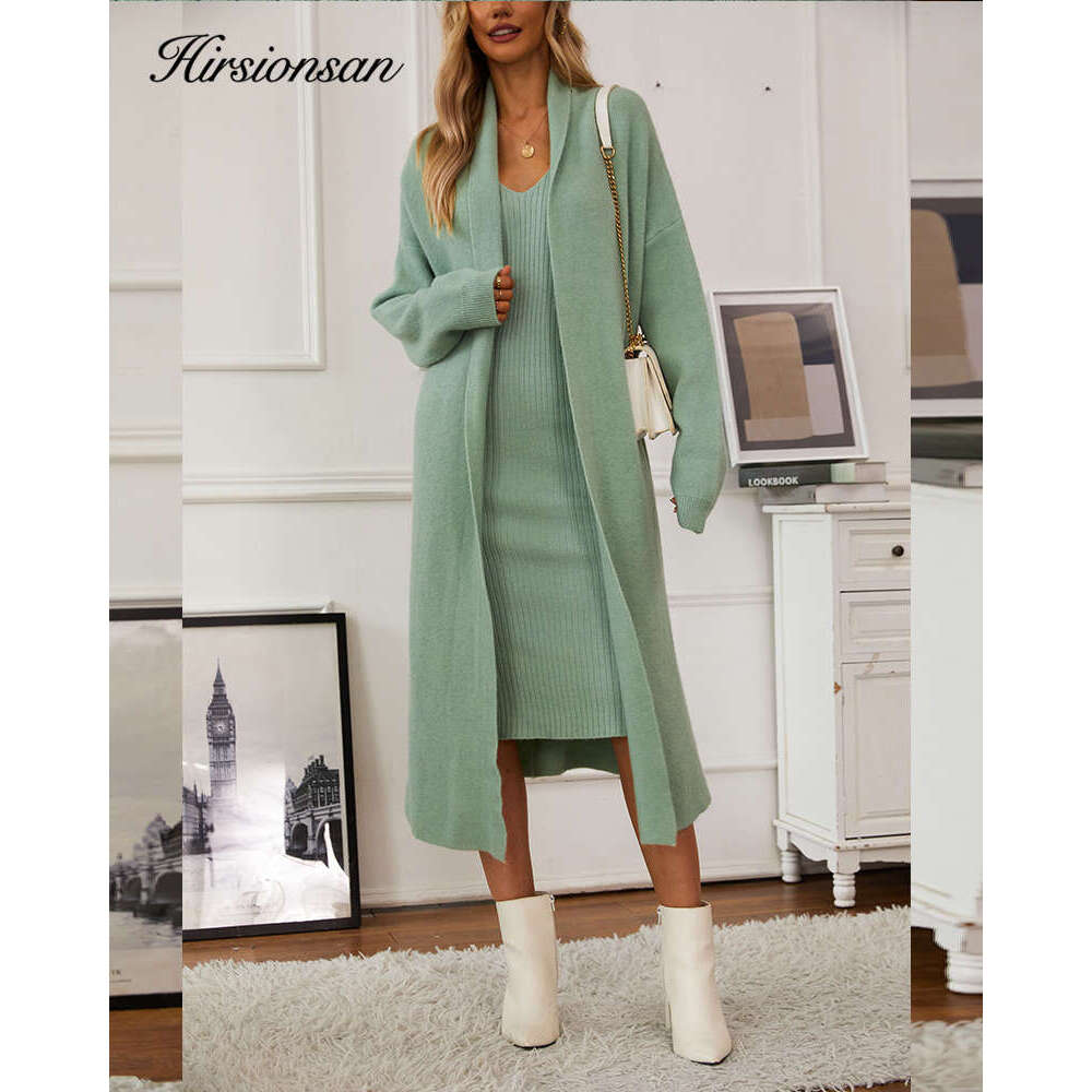 Hirsionsan Soft Elegant Women Suits 2 Pieces Female Sets V Neck Tan Midi Dresses & OL Style Knitted Long Cardigan Tracuit