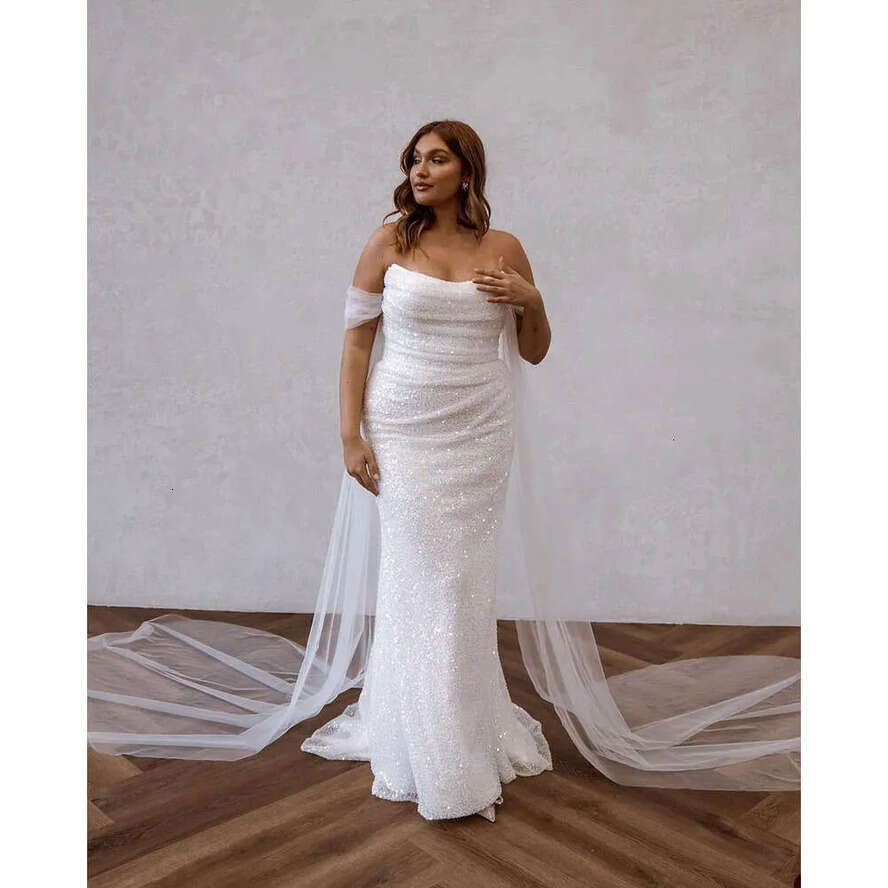 Draped Wedding Strapless Mermaid Dresses Shining Elegant Sequined Sleeveless Slim Or Length Custom Made Plus Size Vestidos De Novia