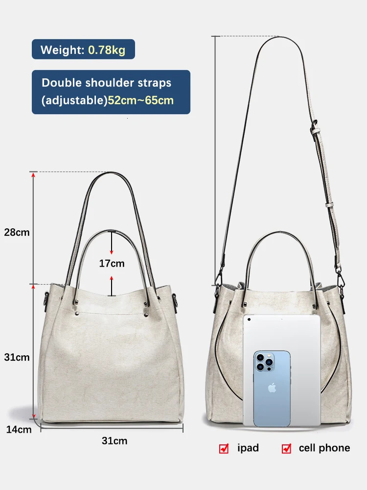 Zency Fashion Brown 100% Genuine Leather Womens Handbag Large Capacity White Shoulder Bag Cross Body Handbag Shopping Bag 2024241018