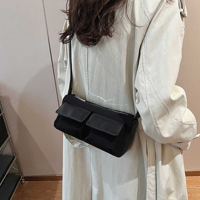CMM Autumn and Winter New Niche High End Texture Double Pocket Suede Underarm Bag Contrasting Splicing Versatile Single Shoulder Crossbody Bag